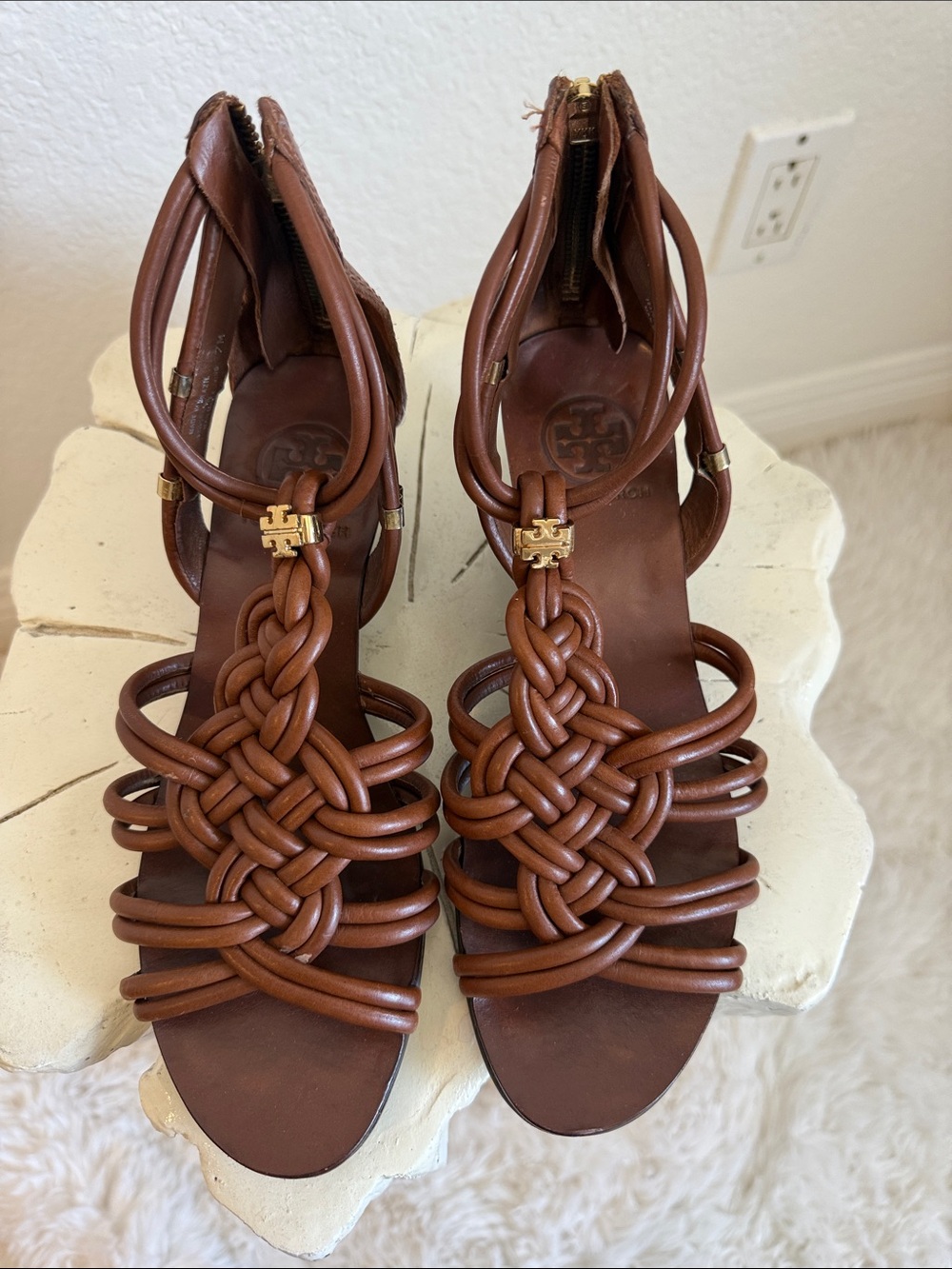 Tory Burch Bennett Gladiator Brown Braided Leather Strappy wedge sandals
